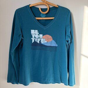 Life Is Good BeYouTiful Blue Long Sleeve V-Neck Classic Fit Women's Medium